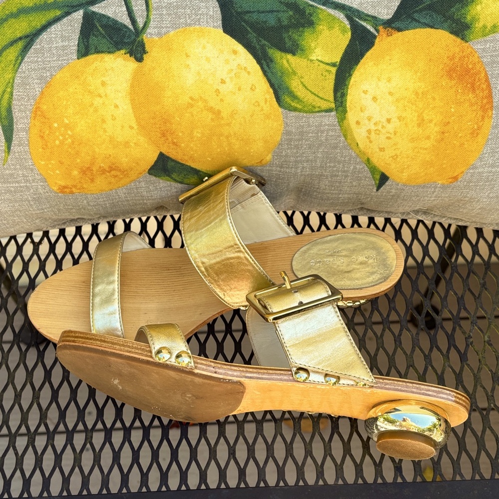 Kate Spade gold double adjustable buckles strap wooden round heel Sandals - Picture 3 of 10